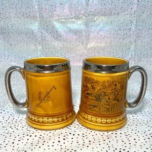 Set of Two Vintage Hunting Scene Beer Porcelain Tankards
